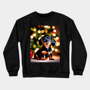 Tiny Dachshund Puppy Dog by Christmas Tree Crewneck Sweatshirt